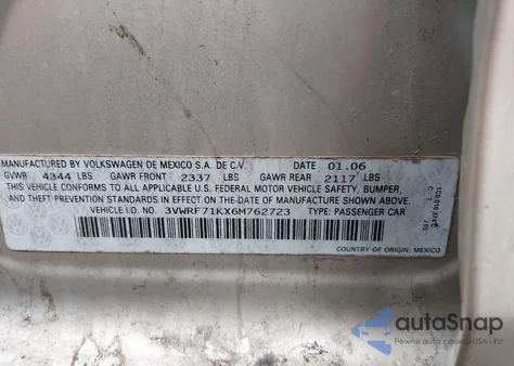 2006 Volkswagen Jetta 2.5 z USA, uszkodzony, nr VIN 3VWRF71KX6M762723